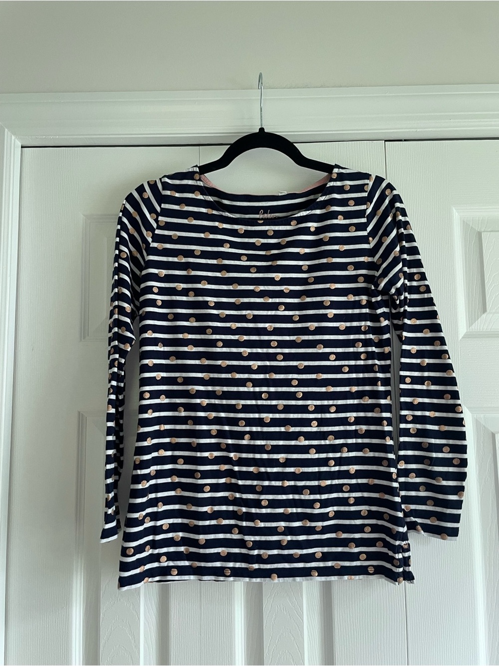 Boden Navy and White Striped Long-Sleeve Top with Gold Dots